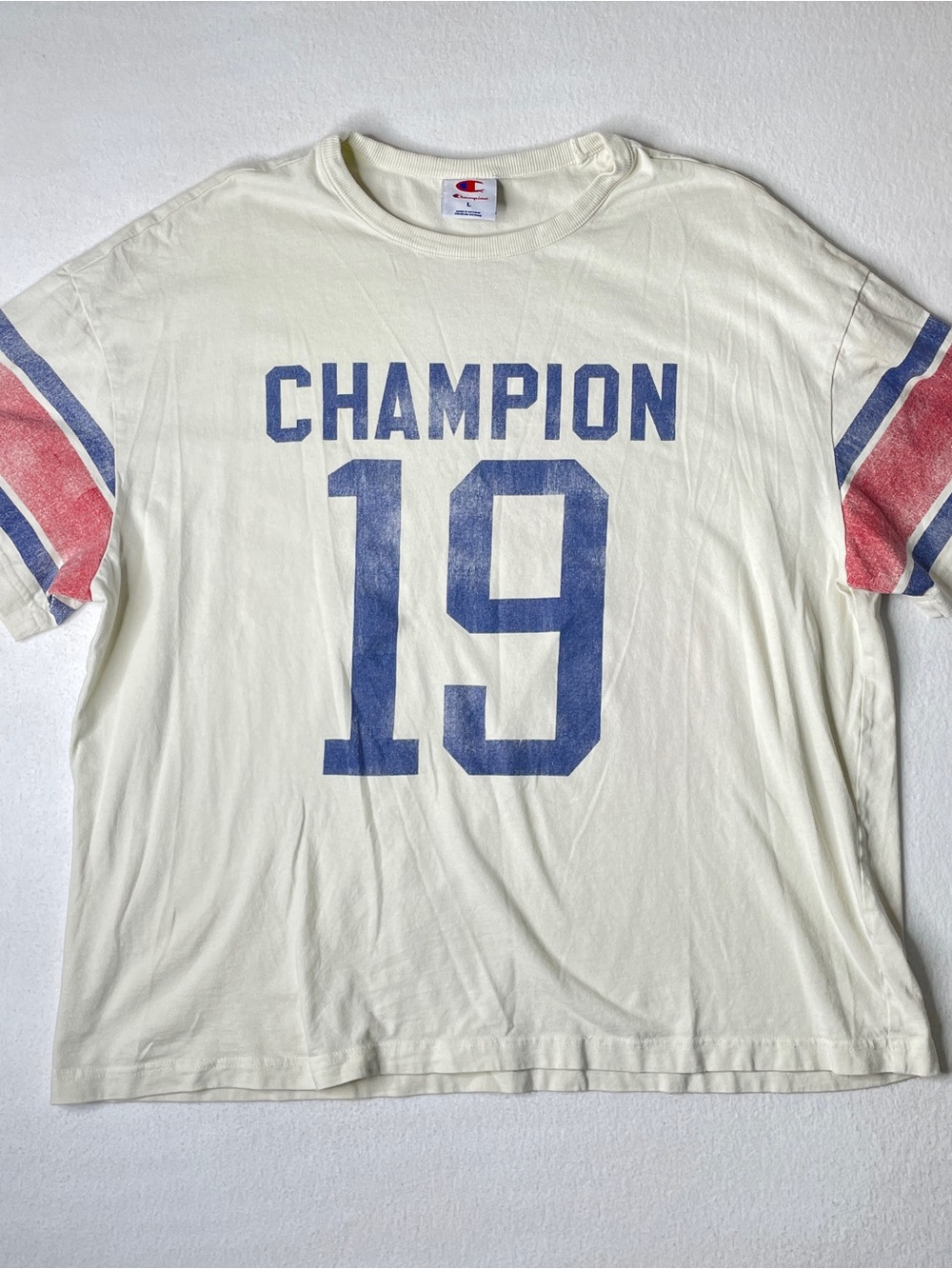 Y2K Champion Ringer T-Shirt Men's Large Cream Cotton Varisty Retro Sportswear